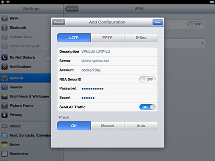 In the L2TP tab set the connection name in the Description field, then enter your hostname, login, password and preshared key (look L2TP info text file in the user dashboard) in Server, Account, Password and Secret fields accordingly. Ensure that Send All Traffic option is ON, then Save the configuration.