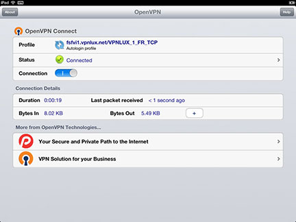 Конфигурация OpenVPN для iOS звершена. Для подключения переместите выключатель в соответствующее положение. В области уведомлений будет виден индикатор VPN, свидетельствующий об активном VPN соединении. Для разъединения переместите выключатель в соответствующее положение.