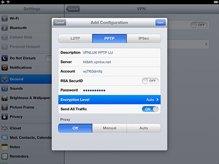 In the PPTP tab set the connection name in the Description field, then enter your hostname, login and password (look PPTP info text file in the user dashboard) in Server, Account and Password fields accordingly. Ensure that Send All Traffic option is ON, then select Encryption Level.