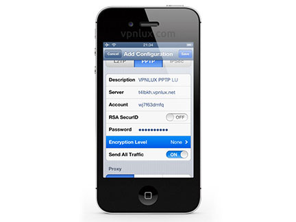 In the PPTP tab set the connection name in the Description field, then enter your hostname, login and password (look PPTP info text file in the user dashboard) in Server, Account and Password fields accordingly. Ensure that Send All Traffic option is ON, then select Encryption Level.