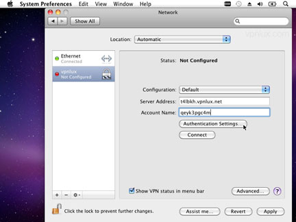 Enter your Hostname and Login (look L2TP info text file in the user dashboard) as Server Address and Account Name. Click Authentication Settings.