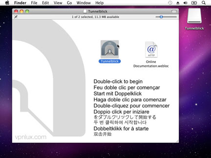 Download Tunnelblick from http://code.google.com/p/tunnelblick/ and open the container. Double click on the application icon.
