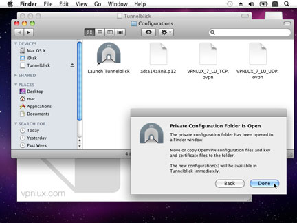 Move Configuration files (look mac configuration link in the user dashboard) into opened folder and click Done.