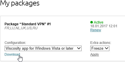 Go to the user dashboard and select Viscosity app for Windows Vista or later in package configuration. Then click Download and save Viscosity app installer to the Downloads folder.