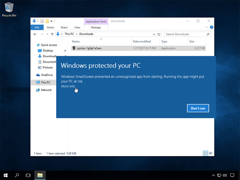 If you see the screen that says Windows protected your PC. Windows SmartScreen prevented an unrecognized app from starting..., click More info.
