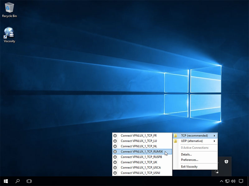 Right click the Viscosity icon in the system tray and select the desired connection name. NB! We recommend using TCP connection, if it is stable. Otherwise, use UDP.