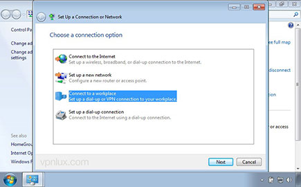 Select Connect to a workplace and create a new connection (If you will see a new window).