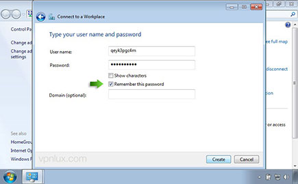 Enter your login info (look PPTP info text file in the user dashboard). Select the Remember this password checkbox and click Create. Close the next window.