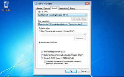 Select the Security tab and change the Type of VPN to Point to Point Tunneling Protocol (PPTP) and the Data encryption to Maximum strength encryption. Click OK.