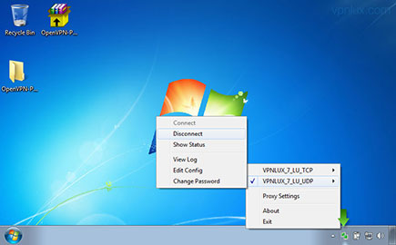 Right click on the OpenVPN icon in system tray, select your active connection and then Disconnect when you finish.