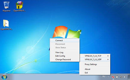 Щелкните правой кнопкой по иконке OpenVPN на панеле задач, выберите название подключения, и затем Connect.