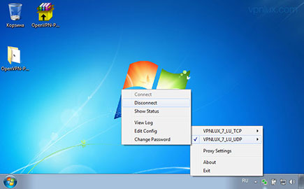 Для разъединения щелкните правой кнопкой мыши по иконке OpenVPN на панеле задач, выберите активное подключение и затем Disconnect.