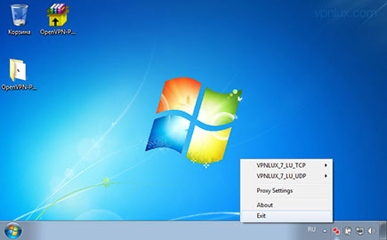 Щелкните правой кнопкой мыши по иконке OpenVPN на панеле задач и выберите Exit для выхода из программы.