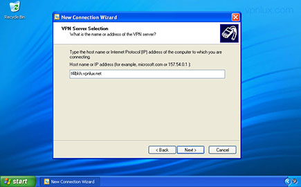 Enter your Hostname (look L2TP info text file in the user dashboard) and hit Next.