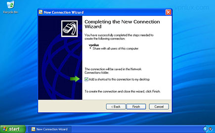 Select Add shortcut to this connection to my desktop checkbox and hit Finish.