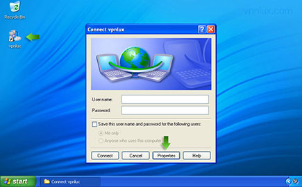 Click on the newly created VPN connection shortcut and hit Properties.
