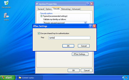 Use your preshared key for authentication (look L2TP info text file in the user dashboard) and click OK. Click OK in Properties window.