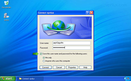 Enter your login info (look L2TP info text file in the user dashboard). Select the Save this user name and password checkbox and click Connect.
