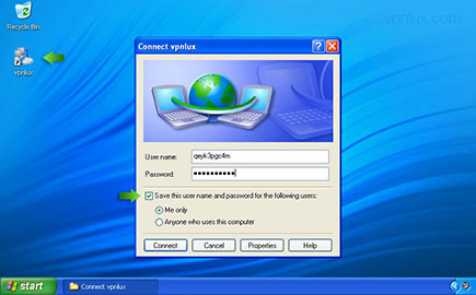 Click on the newly created VPN connection shortcut. Enter your login info (look PPTP info text file in the user dashboard). Select the Save this user name and password checkbox and click Connect.