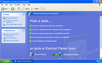 Open your Network and Internet Connections (see Step 1 and Step 2 above) and click Network Connections.