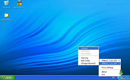Щелкните правой кнопкой по иконке OpenVPN на панеле задач, выберите название подключения, и затем Connect.